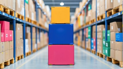 Digital transformation concept. Colorful stacked boxes in a warehouse aisle surrounded by organized inventory.