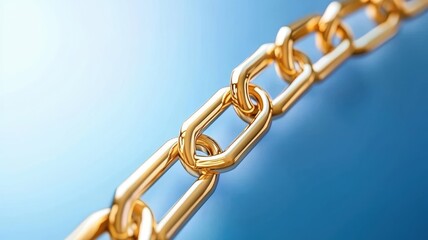 Obraz premium Digital transformation concept. Close-up of a shiny gold chain against a soft blue background.