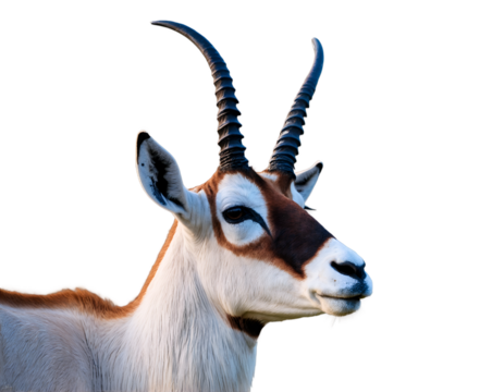 Majestic Oryx Antelope Portrait, A Close-Up View of a Magnificent Creature Against a Pure Image Capturing the Essence of Wildlife and its Striking Beauty