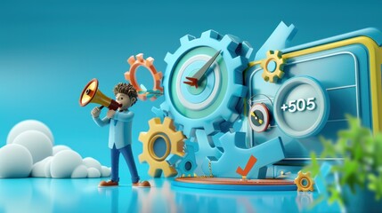 Obraz premium A cartoon figure with a megaphone amidst gears and technology symbols promoting innovation and