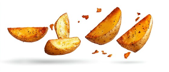 Fototapeta premium Crispy and golden seasoned potato wedges appear to float in the air