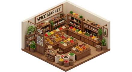 Obraz premium Isometric Spice Market View with Variety of Spices in Boxes