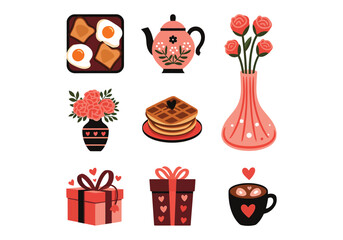 Romantic Breakfast Icons with Pancakes, Tea Pot, Eggs, Coffee, Flowers, and Gift Boxes