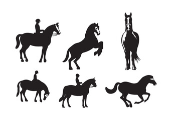 Horse and Rider Silhouettes Set with Galloping, Standing, and Walking Horse Poses in Vector Style