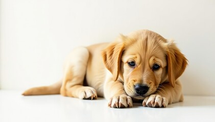 Golden retriever puppy lies down, head tilted, on white backdrop , paws, isolated, cute