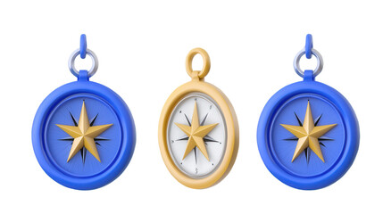 Elegant minimalist compass pendants in vibrant blue and shimmering gold tones representing a sense of direction