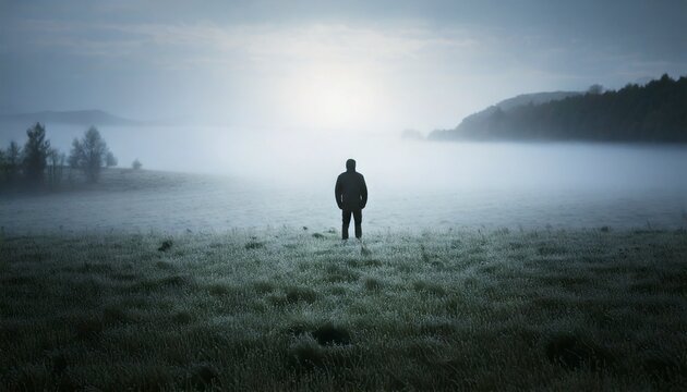 A lone figure standing in a vast foggy landscape
