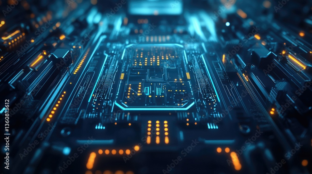 Poster exploring advanced electronic circuit board with complex integrated system design