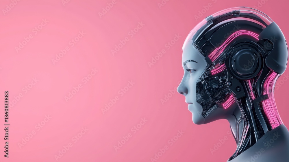 Poster futuristic robotic head with glowing circuitry on pink background showcasing advanced technology and
