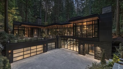 Modern house exterior nestled in forest. Driveway, glass walls, nature backdrop. Architecture stock