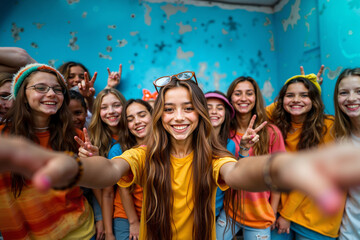 Fototapeta premium A group of young women posing for a picture with their hands in the air