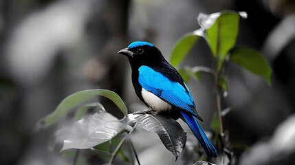 Obraz premium Luminous turquoise tanager perched in a grayscale jungle its electric blue feathers glowing