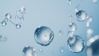 Abstract close-up of water droplets in motion, showcasing their translucent nature and intricate details against a soft blue background.