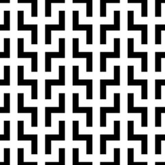 Black zigzag shaped blocks on white background. Repeated figures wallpaper. Seamless surface pattern design with polygons. Mosaic motif. Digital paper for page fills, web designing. Vector art.