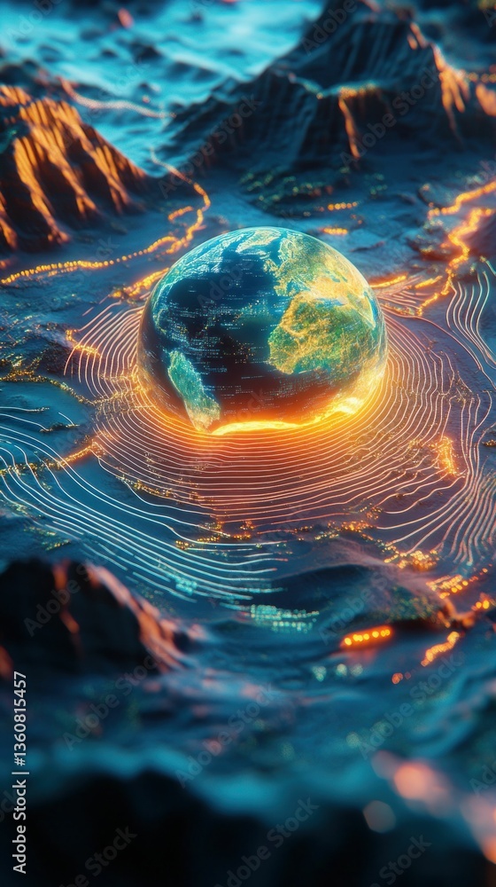 Poster global network: abstract digital representation of earth with interconnected data streams