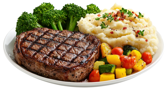 A hearty and nutritious meal featuring a perfectly grilled steak creamy mashed potatoes and a vibrant selection of roasted vegetables