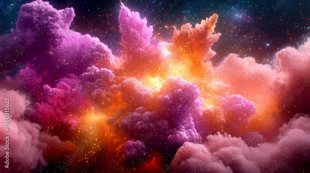 Poster cosmic dreamscape: a vibrant, surreal exploration of nebula clouds and celestial wonders in a dazzli