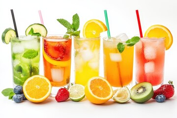 Five Refreshing Beverages With Fruit Garnishes And Colorful Straws