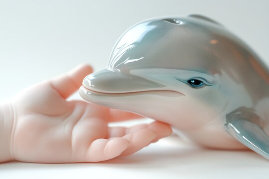 A baby's hand gently touches a smooth, realistic dolphin figurine.