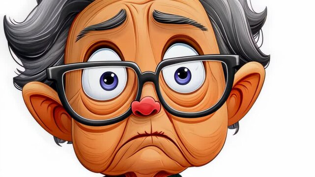 A sad emoji of a European grandmother, depicted in a modern flat cartoon style with textures against a clean white backdrop.