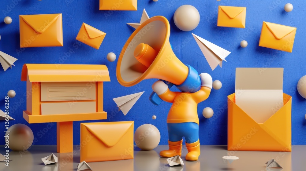 Poster a character with a megaphone surrounded by envelopes and paper planes symbolizing communicatio