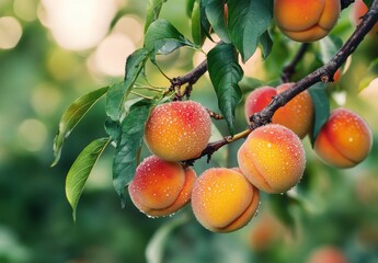 Obraz premium Fresh and Juicy Peaches on Tree Branch with Water Droplets in Summer Garden Setting, Close-up of Ripe Fruits Surrounded by Lush Greenery