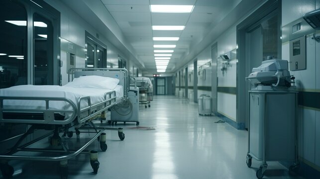 Modern hospital corridor with medical equipment and empty beds.