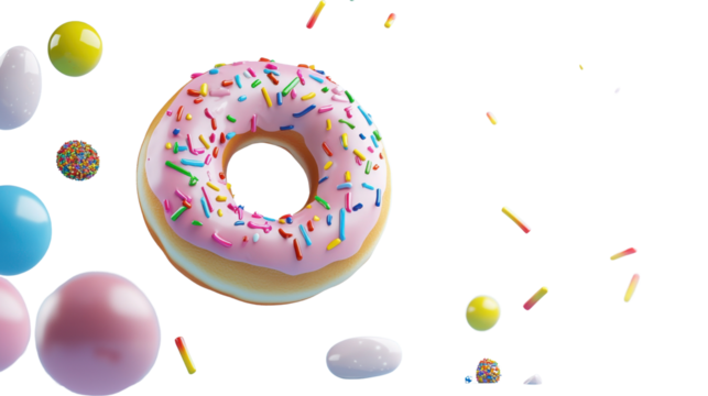 A fluffy glazed pink doughnut topped with a vibrant array of rainbow sprinkles creating a visually appealing and irresistibly tempting confection