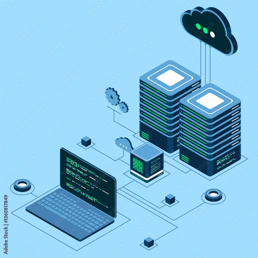 Poster computer technology isometric illustration. computation of big data center. cloud computing. online 