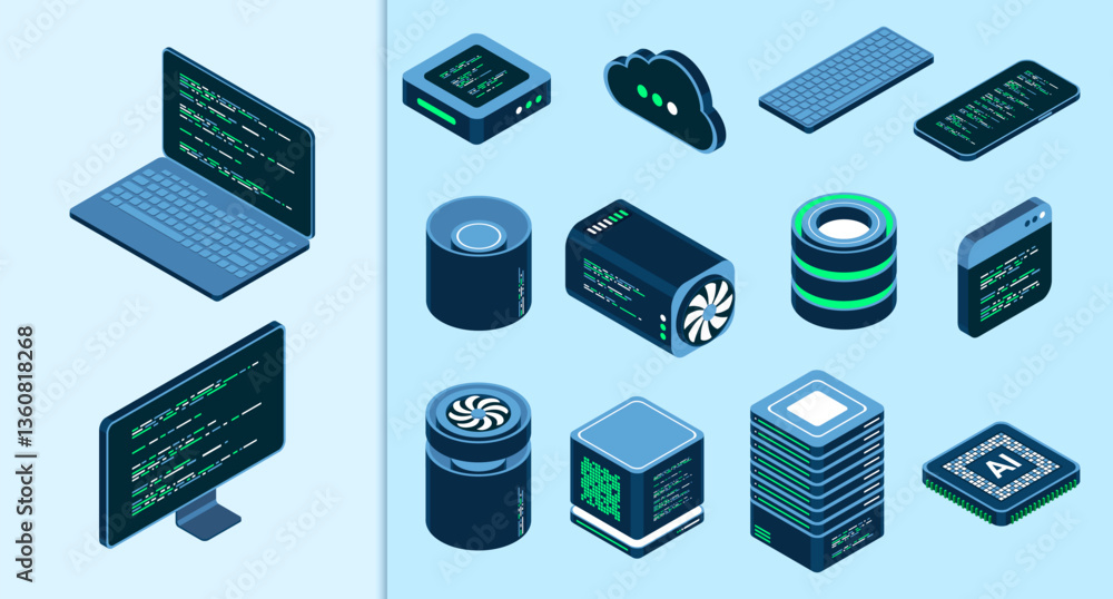 Aufkleber set of isometric computer technology. isometric set server equipment. technology isometric icons. di