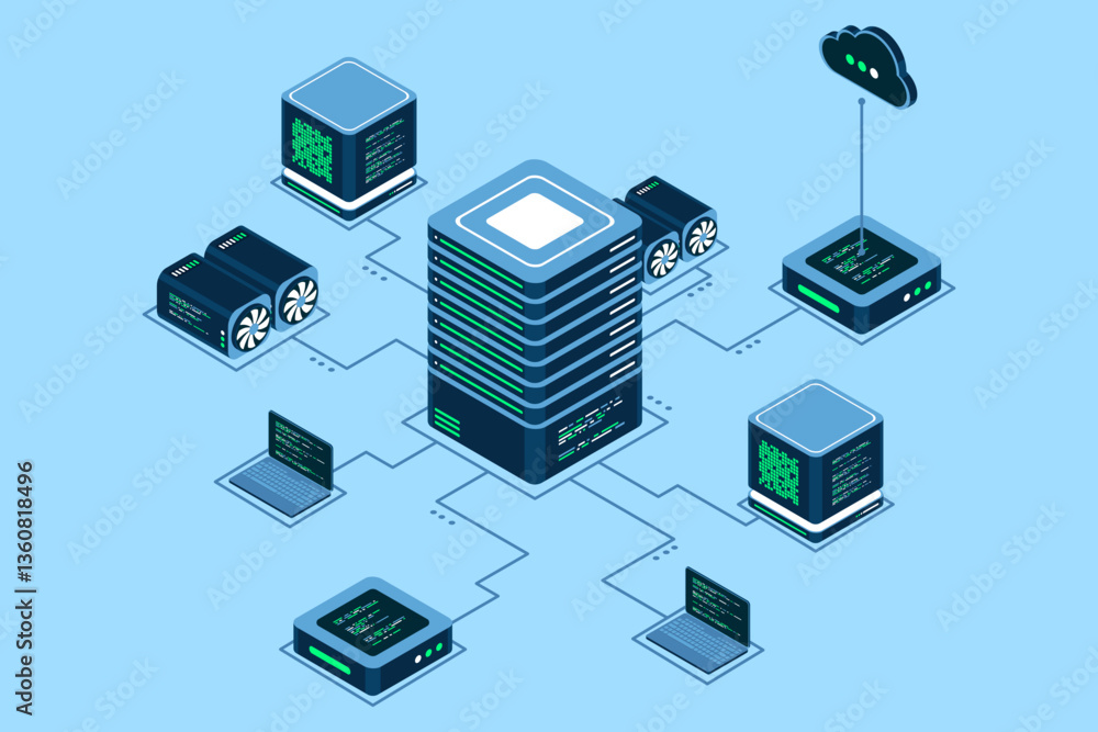 Poster computer technology isometric illustration. computation of big data center. cloud computing. online 