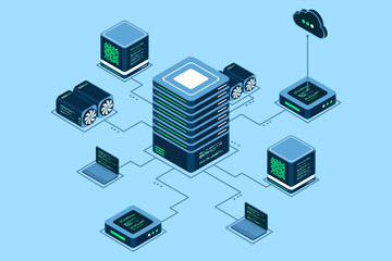Computer technology isometric illustration. Computation of big data center. Cloud computing. Online devices upload and download information. Isometric technology
