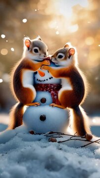small, funny, cute squirrels playing and building a snowman together in the wildlife of nature during the winter season