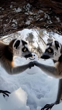 pair of cute, funny lemurs playing with a snowman in the forest, in the wildlife and nature during the winter season