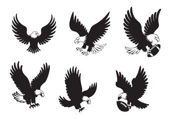 Eagle Silhouette Icons in Flight and Landing Poses with Claws Out and American Symbol Style
