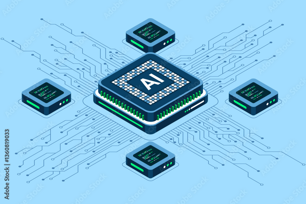 Fototapete Isometric artificial intelligence chip concept. Artificial intelligence concept. Futuristic microchip processor. Isometric technology