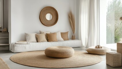 Beige modern living room with round rug, wicker accents, and tranquil view