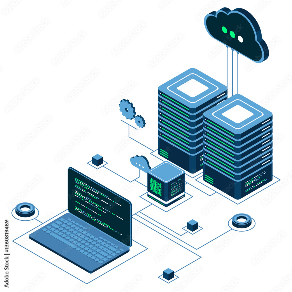 Poster computer technology isometric illustration. computation of big data center. cloud computing. online 
