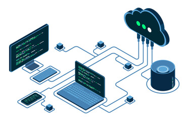 Cloud technology computing concept. Modern cloud technology. Data center isometric concept. Isometric cloud technology with data center. Web hosting concept. Isometric technology