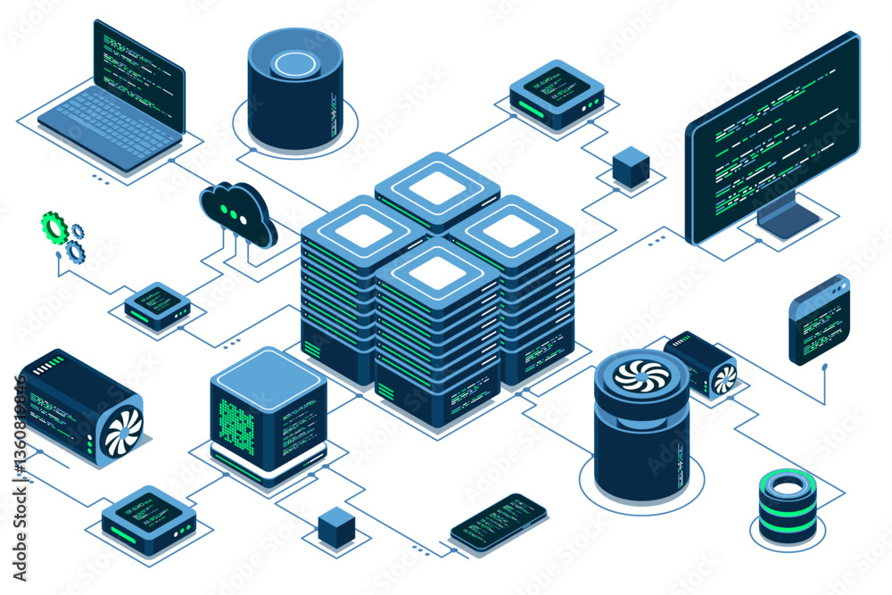 Poster computer technology isometric illustration. computation of big data center. cloud computing. online 