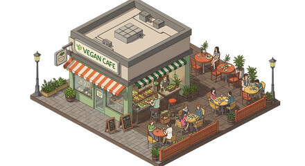 Obraz premium Isometric Vegan Cafe Illustration with People Dining and Working Outside