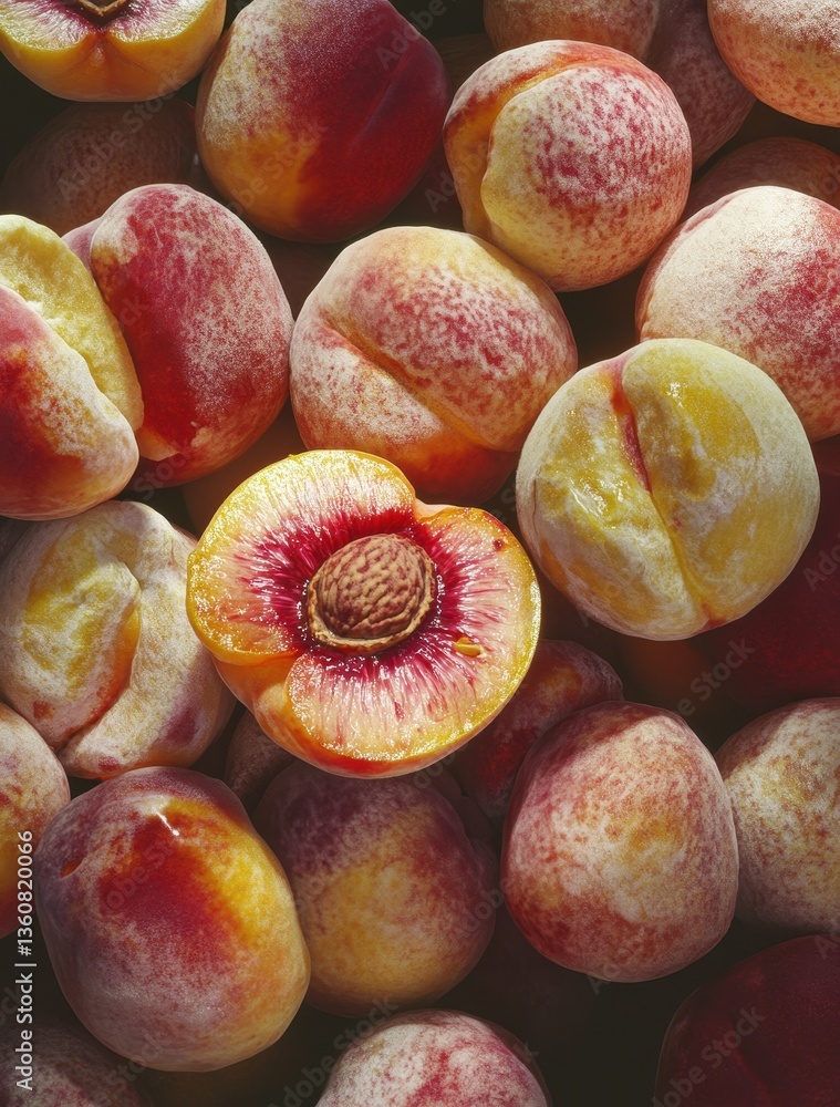 Aufkleber fresh and juicy peaches with a close-up view of a sliced peach exposing its seed surrounded by whole