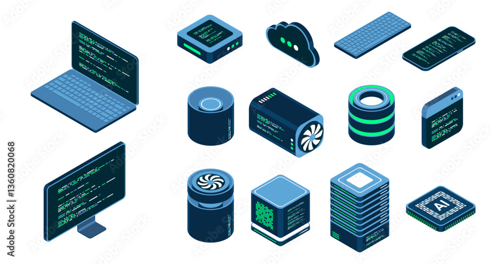Poster set of isometric computer technology. isometric set server equipment. technology isometric icons. di
