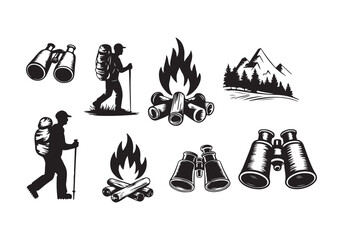Hiking and Camping Silhouettes with Backpackers, Campfires, Binoculars, and Mountain Icons