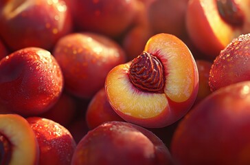 Fototapeta premium Fresh and Juicy Peaches with Dew Drops in Close Up Detail Showcasing Natural Fruit Texture and Vibrant Colors for Culinary and Food Photography