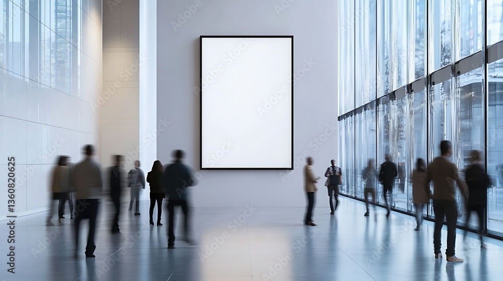 Poster empty white vertical frame in a modern art gallery, surrounded by blurry figures. bright daylight fi