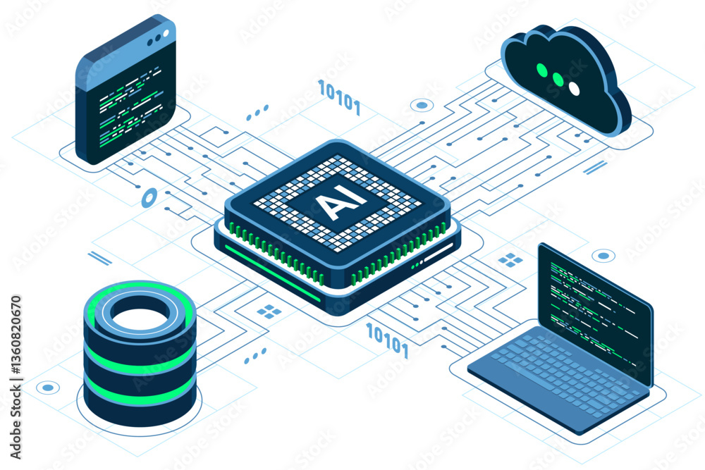 Fototapete Isometric artificial intelligence chip concept. Artificial Intelligence server. Futuristic microchip processor. Isometric cloud computing. Isometric technology