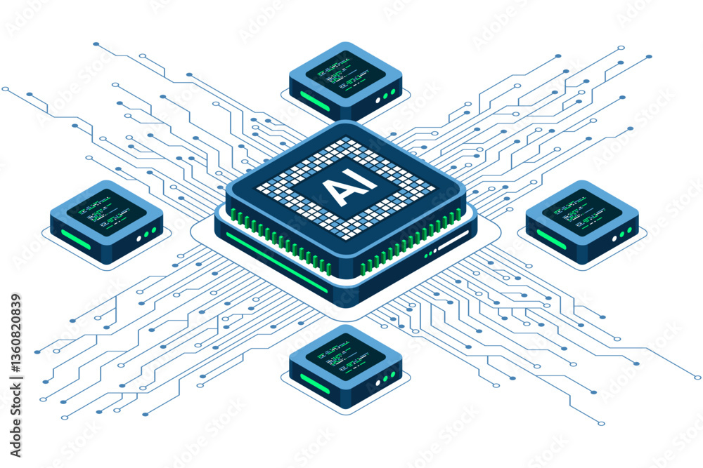 Fototapete Isometric artificial intelligence chip concept. Artificial intelligence concept. Futuristic microchip processor. Isometric technology