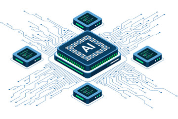 Isometric artificial intelligence chip concept. Artificial intelligence concept. Futuristic microchip processor. Isometric technology