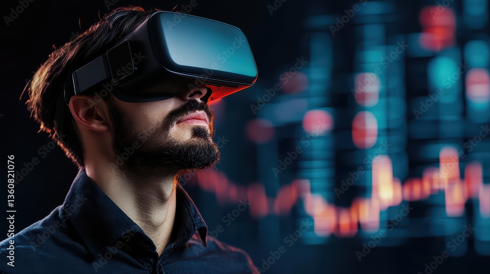 Poster man using virtual reality headset in modern setting